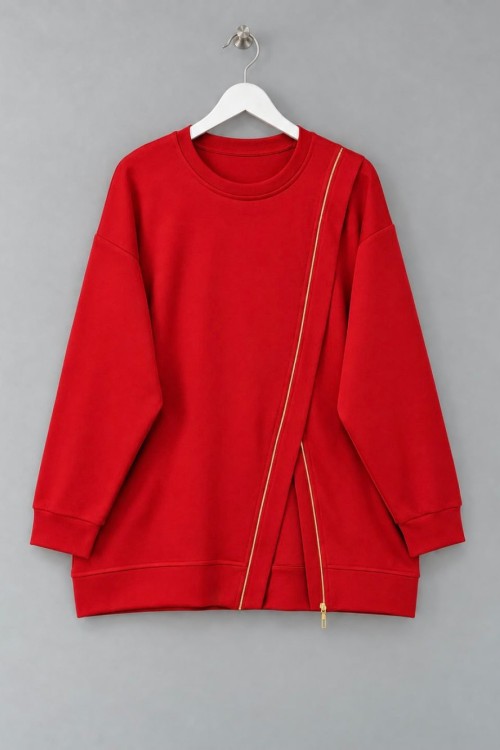 Asimetrik Fermuar Detaylı Sweatshirt Kırmızı