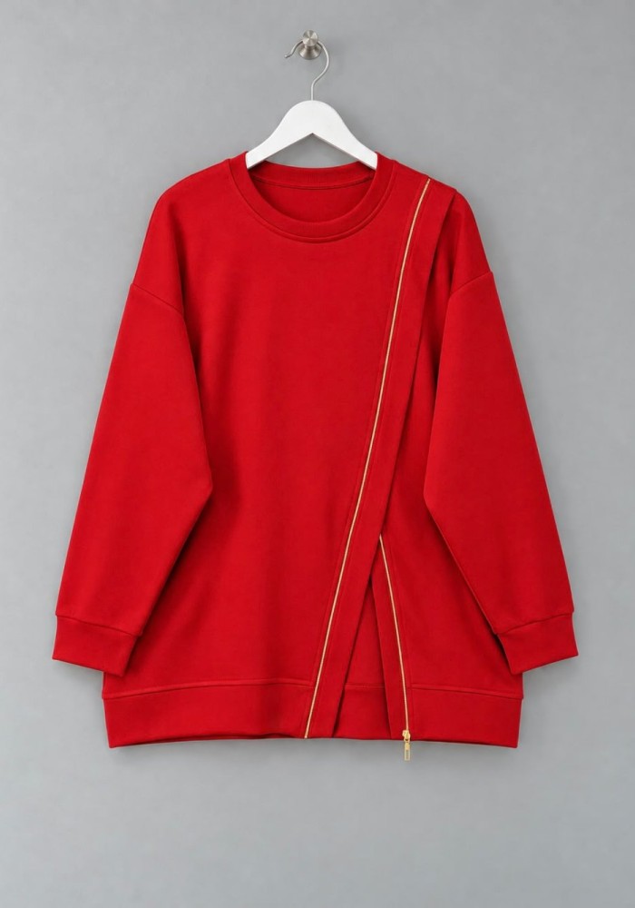 Asimetrik Fermuar Detaylı Sweatshirt Kırmızı