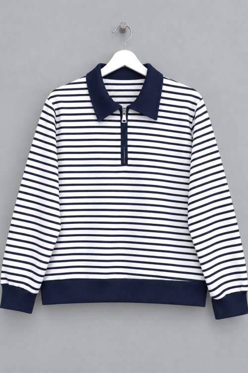 Fermuar Yakalı Çizgili Sweatshirt Koyu Lacivert