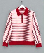 Fermuar Yakalı Çizgili Sweatshirt Kırmızı