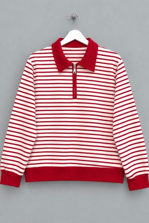 Fermuar Yakalı Çizgili Sweatshirt Kırmızı