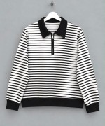 Fermuar Yakalı Çizgili Sweatshirt Siyah