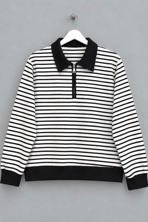 Fermuar Yakalı Çizgili Sweatshirt Siyah