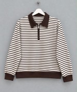 Fermuar Yakalı Çizgili Sweatshirt Koyu Kahverengi