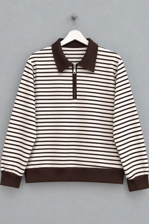 Fermuar Yakalı Çizgili Sweatshirt Koyu Kahverengi