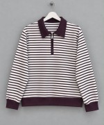 Fermuar Yakalı Çizgili Sweatshirt Mürdüm