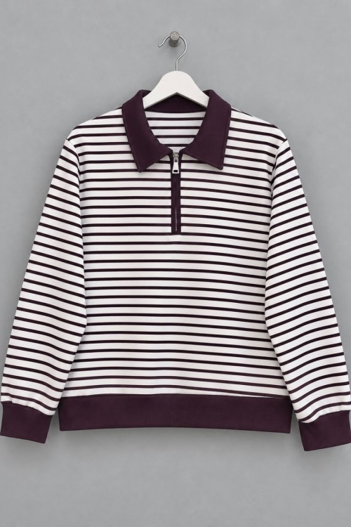 Fermuar Yakalı Çizgili Sweatshirt Mürdüm