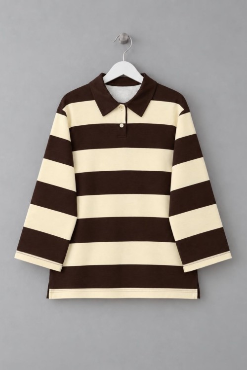 Şeritli Yakalı Sweatshirt Koyu Kahverengi