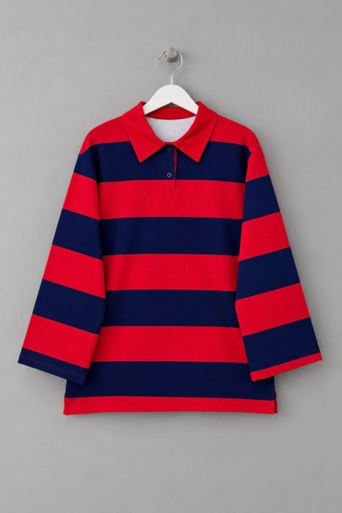 Şeritli Yakalı Sweatshirt Kırmızı