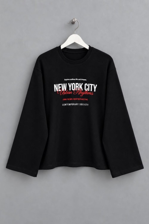 Baskılı İnterlok Sweatshirt Siyah
