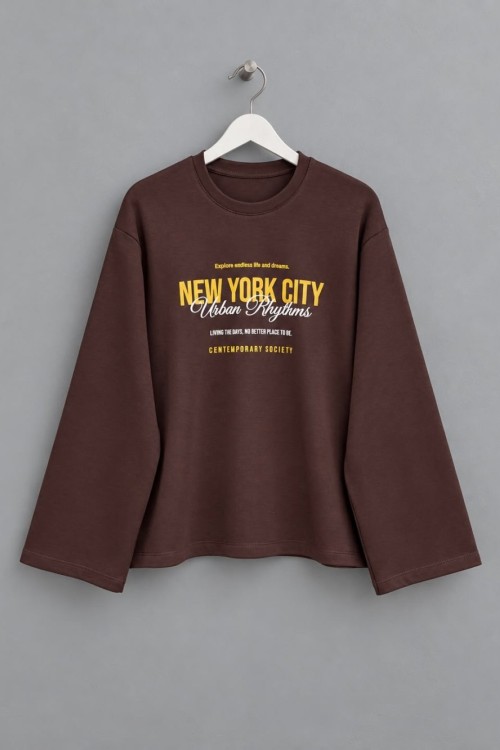 Baskılı İnterlok Sweatshirt Kahverengi