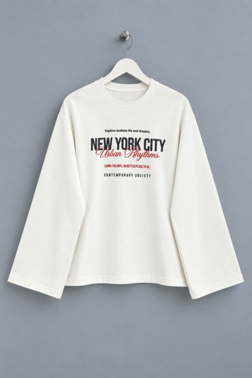 Baskılı İnterlok Sweatshirt Beyaz