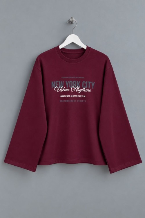Baskılı İnterlok Sweatshirt Bordo