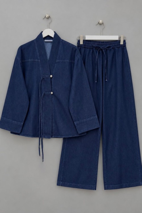 Kimonolu Denim Takım Lacivert