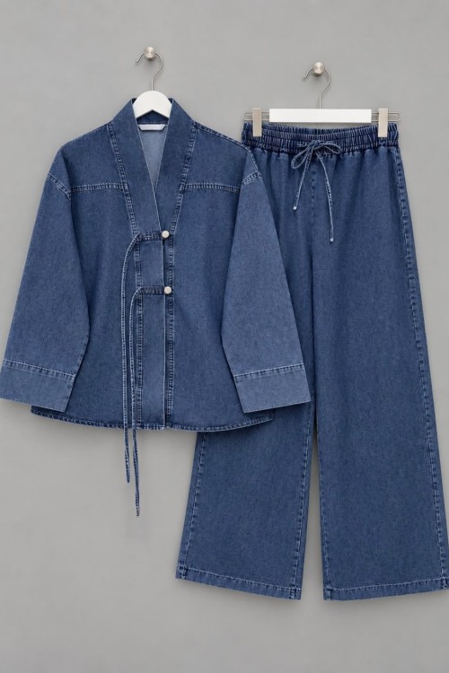 Kimonolu Denim Takım Kot Mavisi