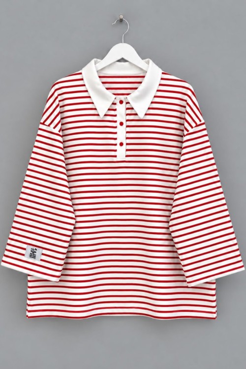 Salaş Polo Yaka Çizgili Sweatshirt Kırmızı