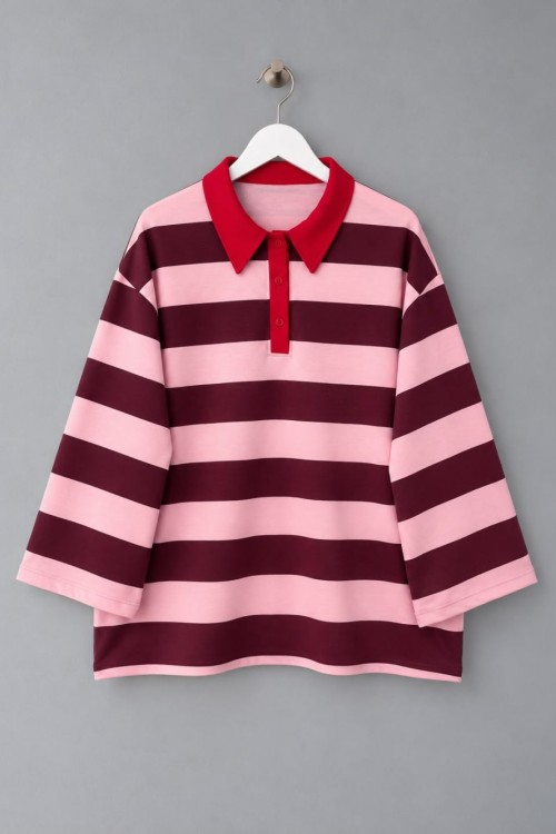 Renkli Yakalı Şeritli Sweatshirt Mürdüm
