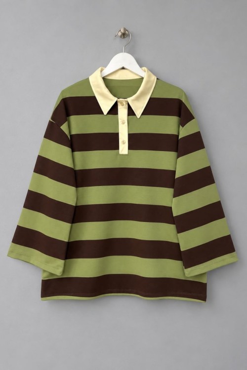 Renkli Yakalı Şeritli Sweatshirt Koyu Kahverengi