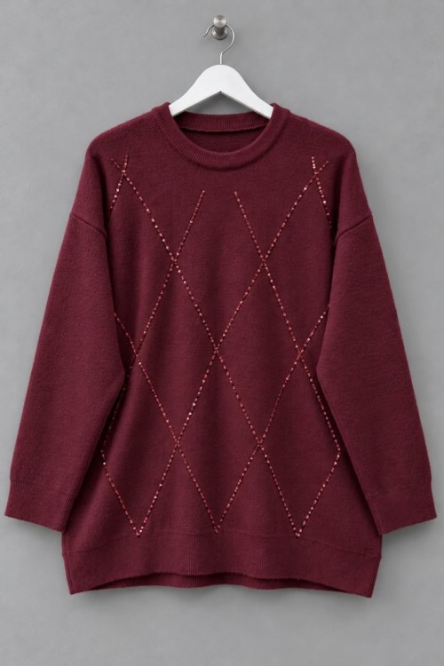 Baklava Desen Pullu Angora Kazak Bordo