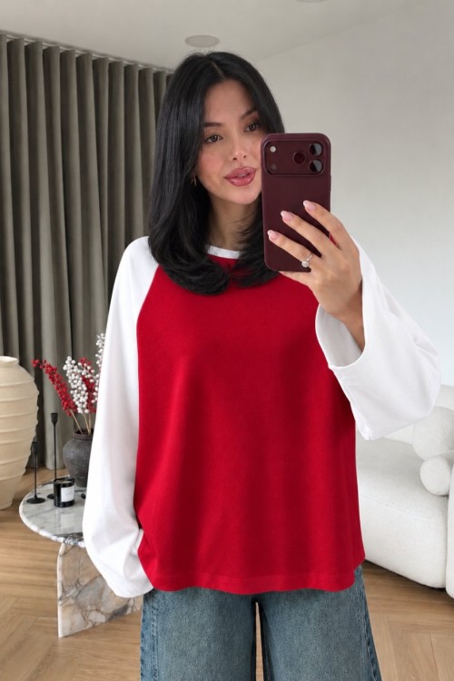 Reglan Kol Garnili Body Kırmızı-Ekru