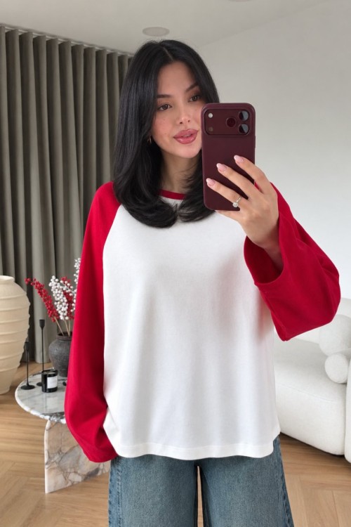 Reglan Kol Garnili Body Ekru-Kırmızı