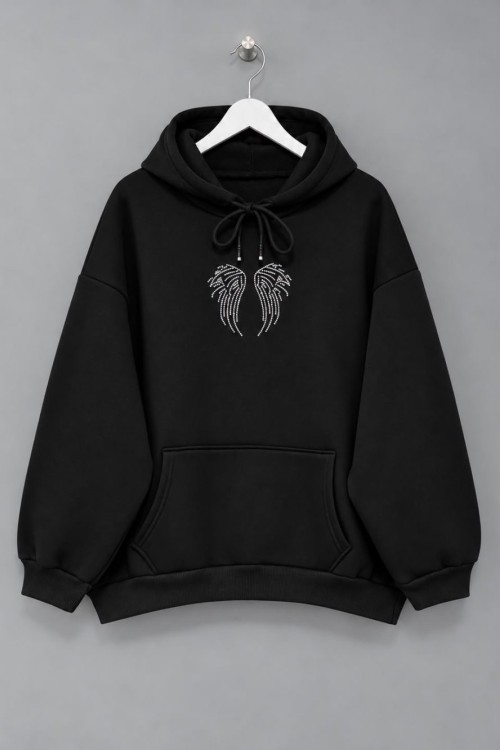 Angel Taş Baskılı Sweatshirt Siyah