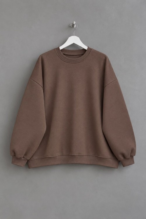 Bisiklet Yaka Salaş Sweatshirt Koyu Vizon