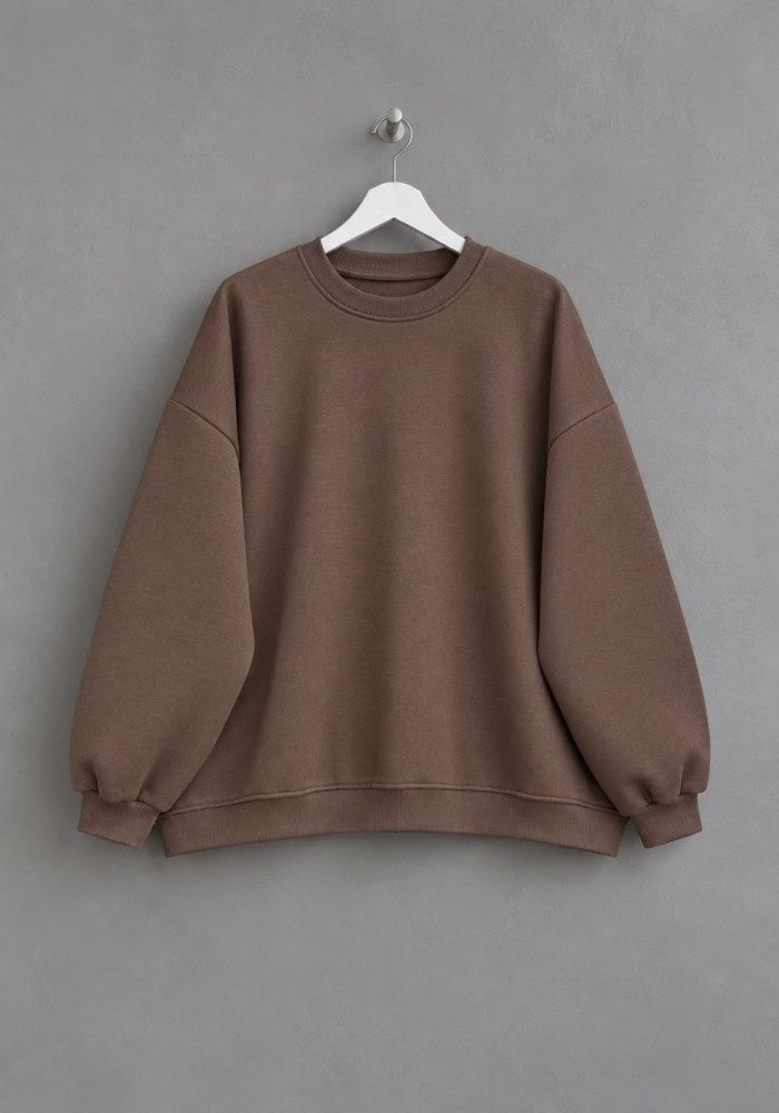 Bisiklet Yaka Salaş Sweatshirt Koyu Vizon