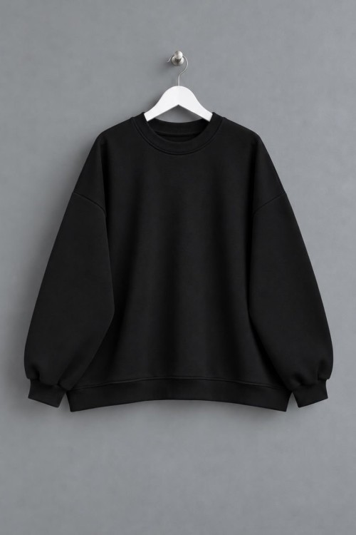 Bisiklet Yaka Salaş Sweatshirt Siyah
