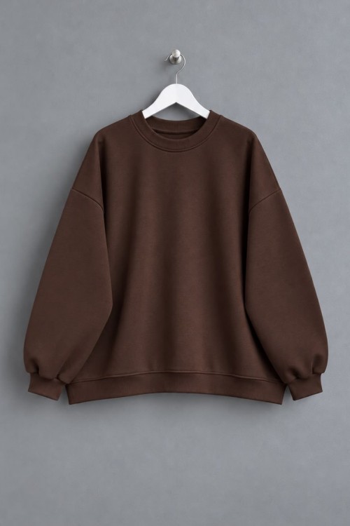 Bisiklet Yaka Salaş Sweatshirt Acı Kahve