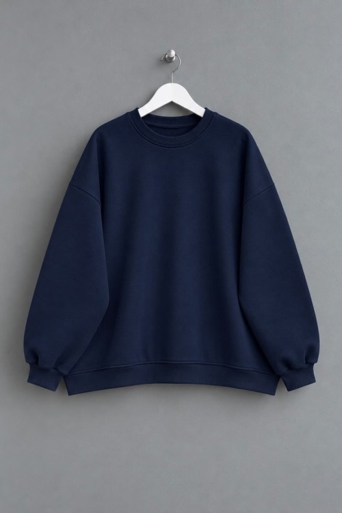 Bisiklet Yaka Salaş Sweatshirt Koyu Lacivert