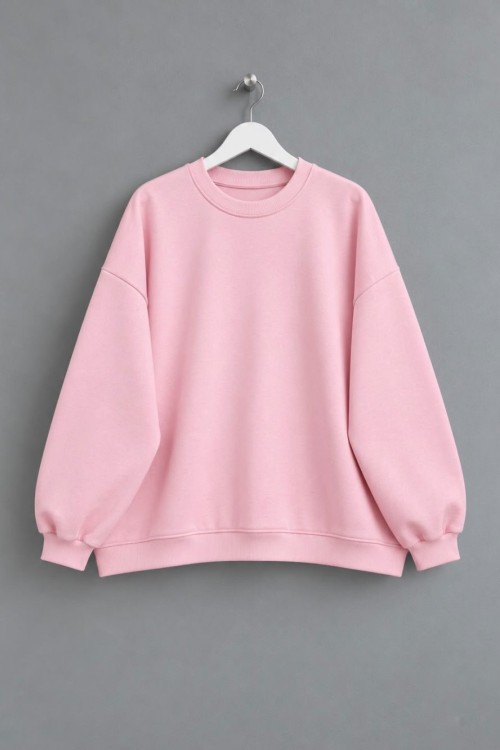 Bisiklet Yaka Salaş Sweatshirt Pembe