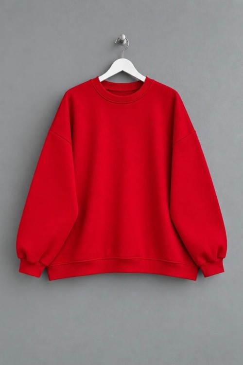 Bisiklet Yaka Salaş Sweatshirt Kırmızı