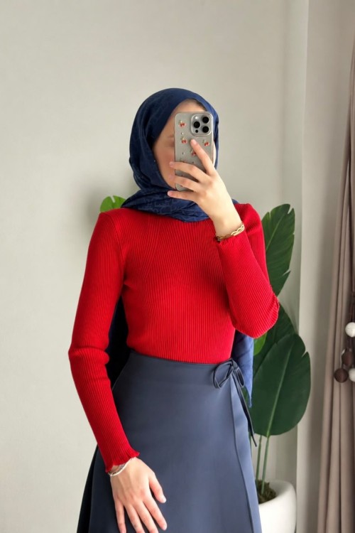 Dik Yaka Fırfırlı Body Kırmızı
