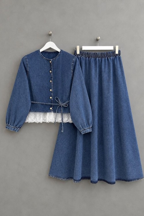 Fisto Detaylı Etekli Denim Takım Kot Mavisi