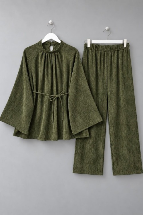 Casual Pantolonlu Kadife Takım Haki