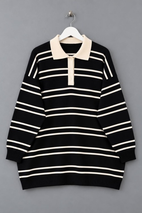 Ruled Polo Yaka Kazak Siyah