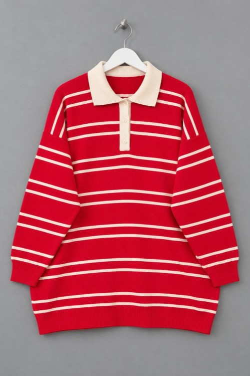 Ruled Polo Yaka Kazak Kırmızı