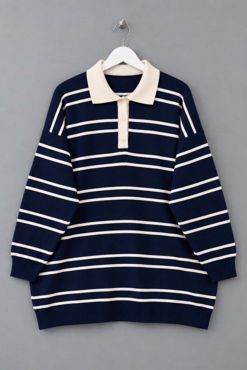 Ruled Polo Yaka Kazak Lacivert