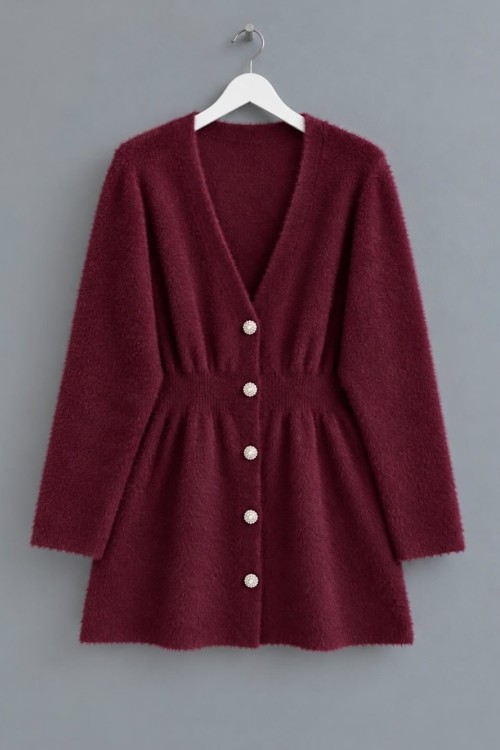Taş Düğmeli Angora Hırka Bordo