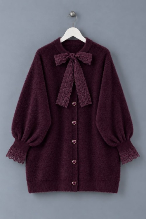 Dantel Detaylı Angora Hırka Mürdüm