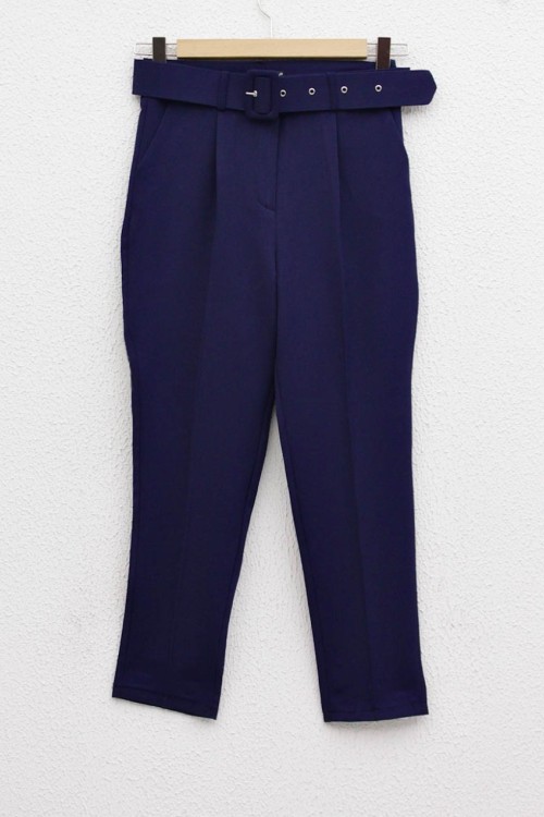 Kemerli Double Krep Pantolon Lacivert
