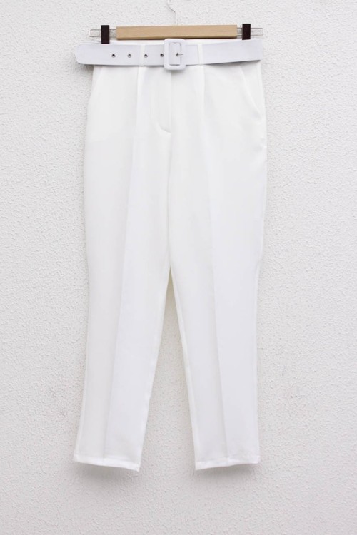 Kemerli Double Krep Pantolon Beyaz