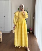 Çift Yaka Brode Elbise Sarı