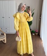 Çift Yaka Brode Elbise Sarı