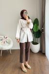 Kolları Nakışlı Keten Kimono Ekru