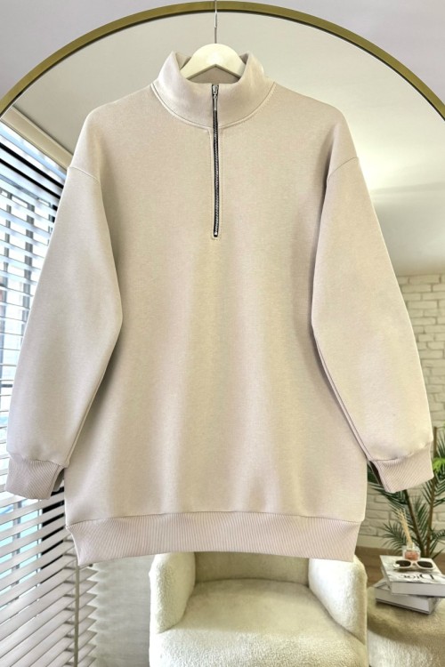 Yarım Fermuarlı Üç İplik Sweatshirt Bej