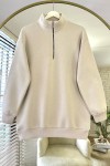 Yarım Fermuarlı Üç İplik Sweatshirt Bej