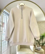 Yarım Fermuarlı Üç İplik Sweatshirt Bej