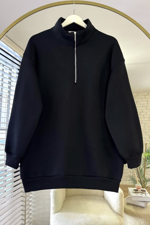 Yarım Fermuarlı Üç İplik Sweatshirt Siyah